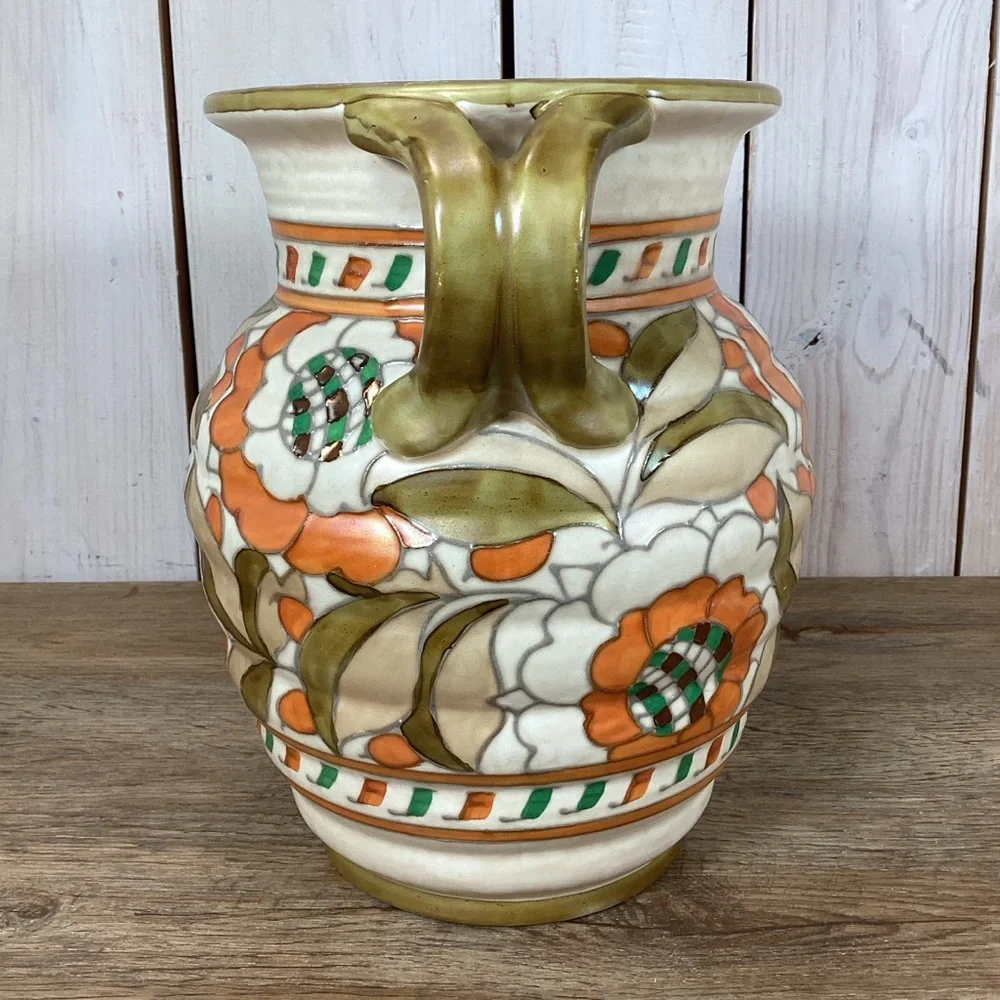 Charlotte Rhead Crown Ducal Pottery Twin Handled Vase Persian Rose Patte…